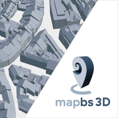 3D-Modell von Gebäuden mit Firmenlogo.