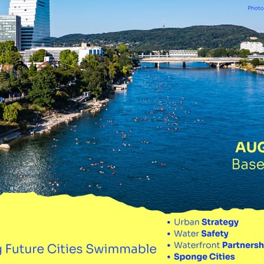 Luftaufnahme des Rheins in Basel mit Schwimmern.