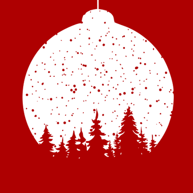 Weisse Weihnachtskugel mit Bäumen auf rotem Hintergrund.