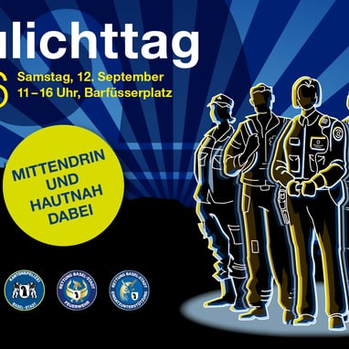 Grafik mit Silhouetten von Einsatzkräften und Textinformationen.