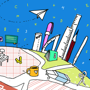 Bunte Illustration mit Büroartikeln, Buchstaben und Zahlen auf blauem Hintergrund.