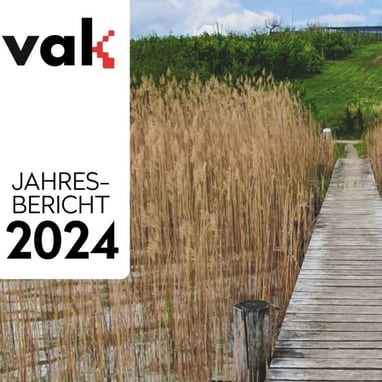 Holzsteg durch Schilf mit jährlichem Berichtstext 2024.