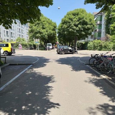 Strasse mit parkenden Autos und Fahrrädern, Bäume im Hintergrund.