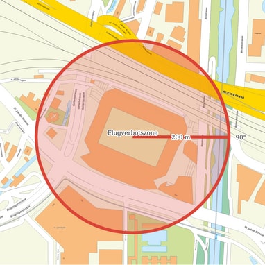 Karte mit Flugverbotszone markiert im roten Kreis.