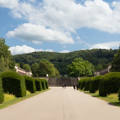 Aufgehender Weg in den Friedhof am Hörnli mit Topiary-Hecken und bewaldeten Hügeln im Hintergrund.