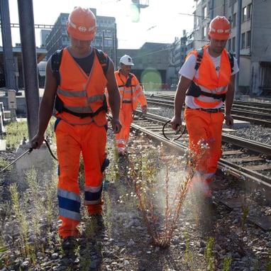 Bahnarbeiter in orangen Sicherheitswesten gehen entlang der Gleise.