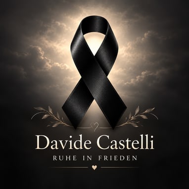 Schwarzes Band vor wolkigem Hintergrund mit Schriftzug "Davide Castelli - Ruhe in Frieden"