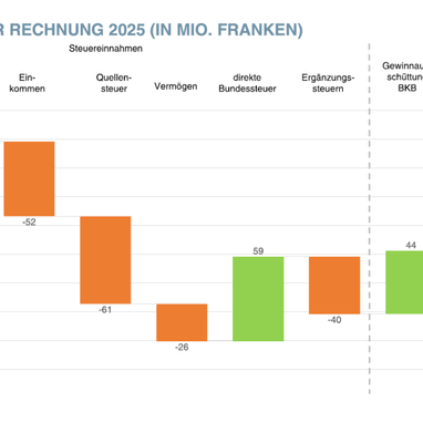 Wasserfalldiagramm der Budgetveränderungen 2025 in Millionen Franken.