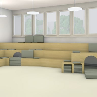 Innenraum mit Holzstufen und Polstern unter Fenstern.