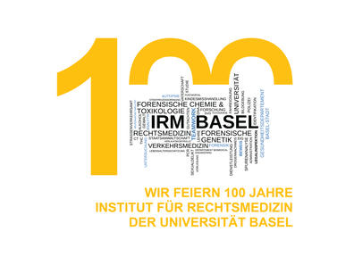 Grafik zum 100-jährigen Jubiläum des Instituts für Rechtsmedizin Universität Basel.