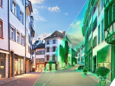 Strassenszene mit Tages- und Nachtsimulation, Twinnbs-Logo.",