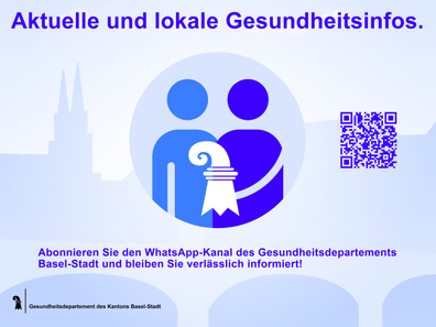 Poster für lokale Gesundheitsinfos mit QR-Code und Basel-Silhouette.