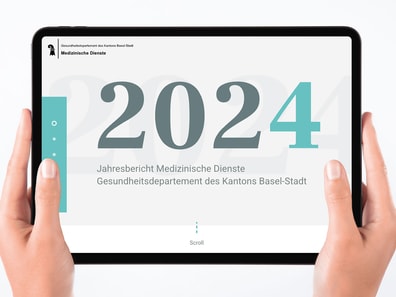 Tablet mit Jahresbericht 2024 der Medizinischen Dienste Basel-Stadt.