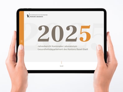 Tablet mit 2025-Kantonsbericht auf Bildschirm.