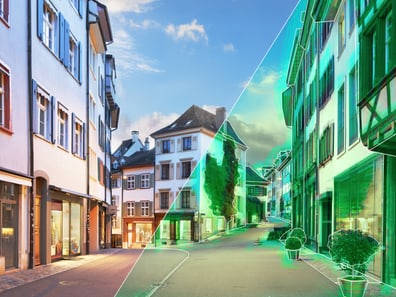 Strassenszene mit geteiltem Filtereffekt, links natürlich, rechts grün getönt.