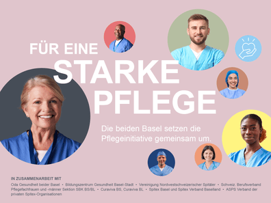 Plakat für Pflegeinitiative mit Pflegekräften in Kreisen.",