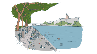 Illustration eines Flussufers mit Müll und Bäumen, Stadt im Hintergrund.