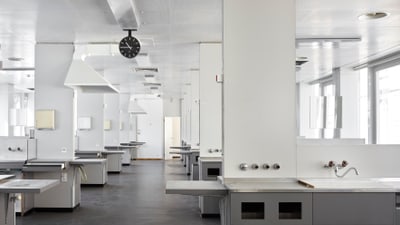 Laborküche mit Arbeitsstationen und Abzüge, modern und leer.