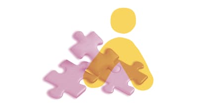 Grafik mit Puzzleteilen und abstrahierter Figur.