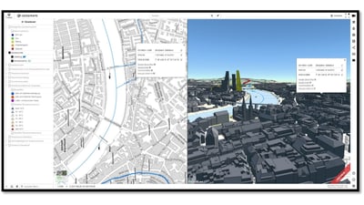 Bildschirm mit Karten- und 3D-Stadtansicht.