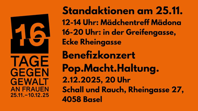 Poster zu '16 Tage gegen Gewalt an Frauen', Events in Basel erwähnt.