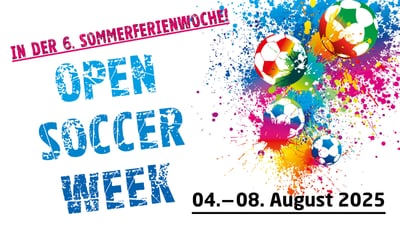 Plakat für die Open Soccer Week im August 2025 mit bunten Fussballgrafiken.