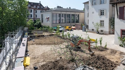 Baustelle in einem Innenhof mit Bagger und Gebäuden.