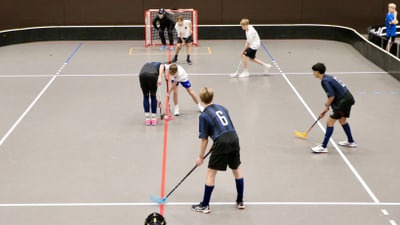 Hallenhockeyspiel mit Kugelschlag in der Mitte des Feldes.