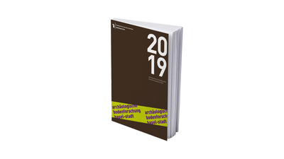 Buchcover mit Titel:"Jahresbericht der Archäologischen Bodenforschung Basel-Stadt 2019" und , brauner Hintergrund, gelber Textblock.