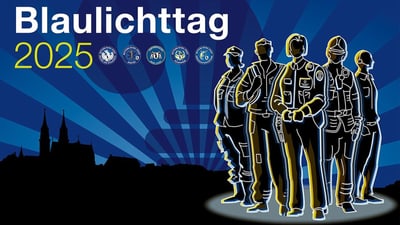 Illustration von Einsatzkräften für Blaulichttag 2025 mit Stadthintergrund.