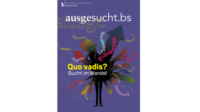 Plakat mit Schriftzug 'Quo vadis? Sucht im Wandel' und grafischen Elementen.