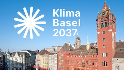 Klima Basel 2037 Logo vor Rathaus Basel-Stadt.