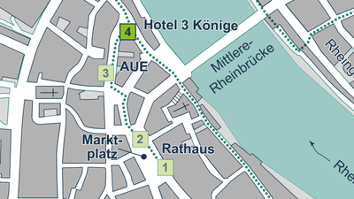 Kartenausschnitt mit Wegweisern zu Hotel 3 Könige, Rathaus und Marktplatz an einem Fluss.