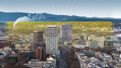 Stadtpanorama mit digitalem Netz über Gebäuden und Bergen.",