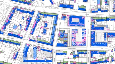 Stadtplan von Basel mit farbcodierten Gebäuden.