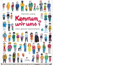 Buchcover mit vielen gezeichneten Personen in verschiedenen Outfits.
