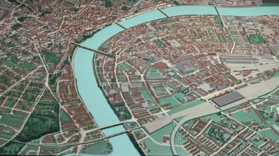 Stadtmodell mit Fluss und Brücken.