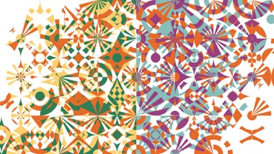 Bunte geometrische Muster in Orange, Grün und Lila.