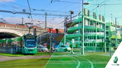 Strassenbahn und modernes Gebäude mit grüner Filteraufteilung.",