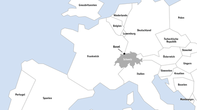 Map of Europe, with Basel in the centre.