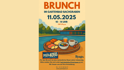 Poster für Brunch im Gartenbad Bachgraben mit Datum und Uhrzeit.