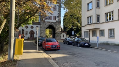Strasse mit Autos und Bäumen neben einem historischen Gebäude.