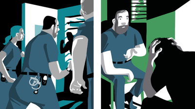 Illustration von einer Fachperson JVA, die mit einer Person in einem Raum spricht.