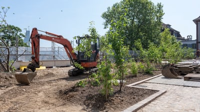 Bagger auf einer Baustelle mit Bäumen und Büschen im Hintergrund.