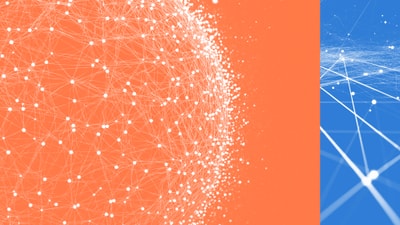 Abstrakte Netzwerkkugeln auf orange-blauem Hintergrund.