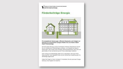 Broschüre für Energie-Förderbeiträge des Kantons Basel-Stadt, zwei Gebäude abgebildet.