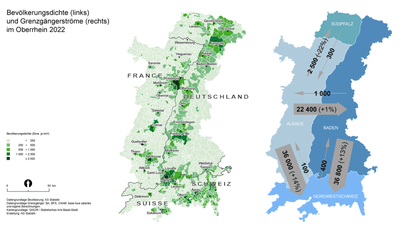 Karte der Bevölkerungsdichte und Grenzgängerströme im Oberrhein 2022.",