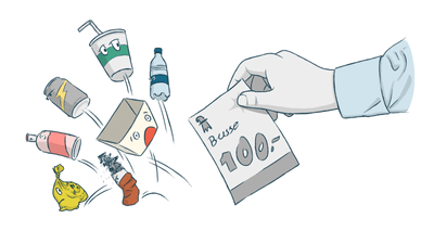 Hand mit Geldschein und weggeworfene Abfälle.