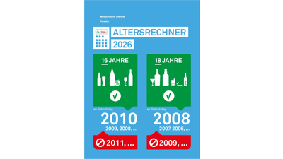 Altersrechner 2026 mit Alters- und Jahrgangsangaben für Alkohol.