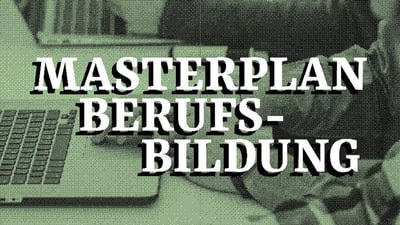 Text 'Masterplan Berufsbildung' über Laptop auf grünem Hintergrund.